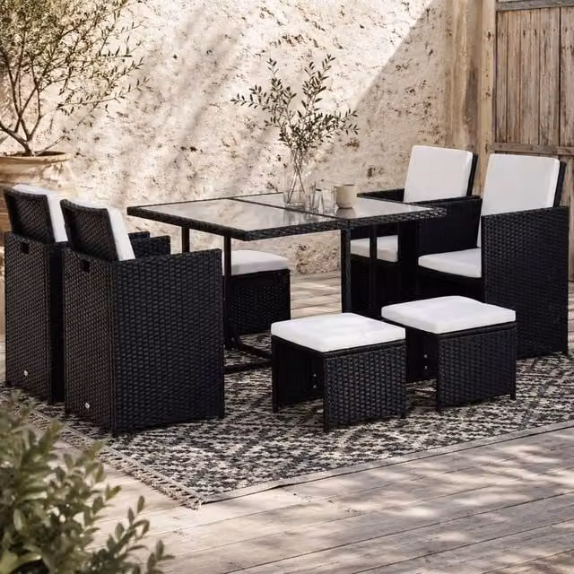 Wyld Haus Viro Black 8 Seater Cube Rattan Garden Dining Set with Square Glass Table and Weather Resistant Cushions