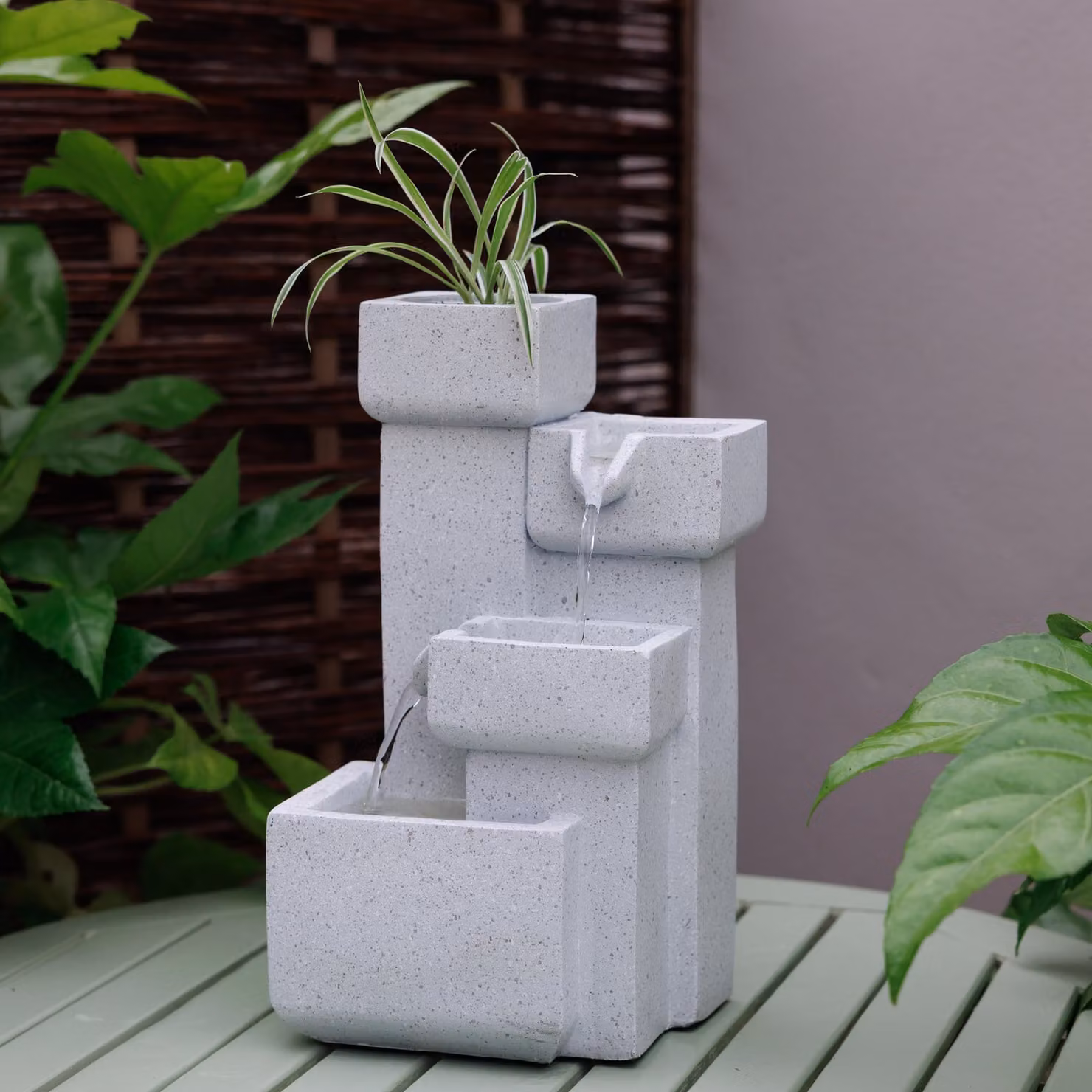 Primrose Modern Cascading Tabletop Water Feature with LED Lights in White – 2