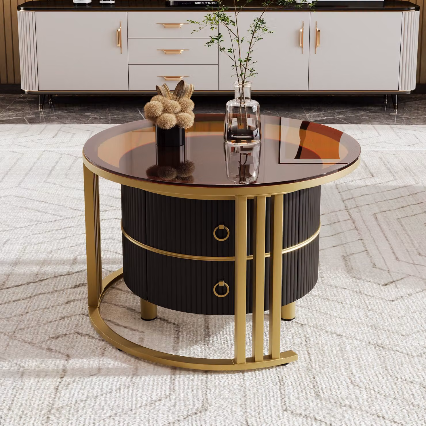 Aosom.UK 2-in-1 Round Coffee Table Set with High-Gloss and Tempered Glass Tops and 2 Drawers, Brown and Black, W/D/H: 70 x 70 x 45 cm and 50 x 50 x 40 cm – 4
