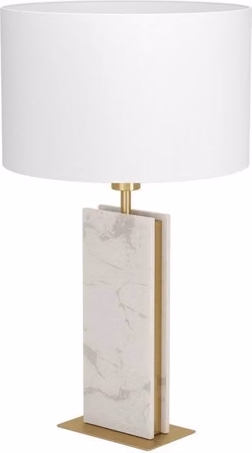 Loops Modern Table Lamp in Brushed Brass and White with Fabric Cylinder Shade, H 67 cm x W 38 cm x D 38 cm