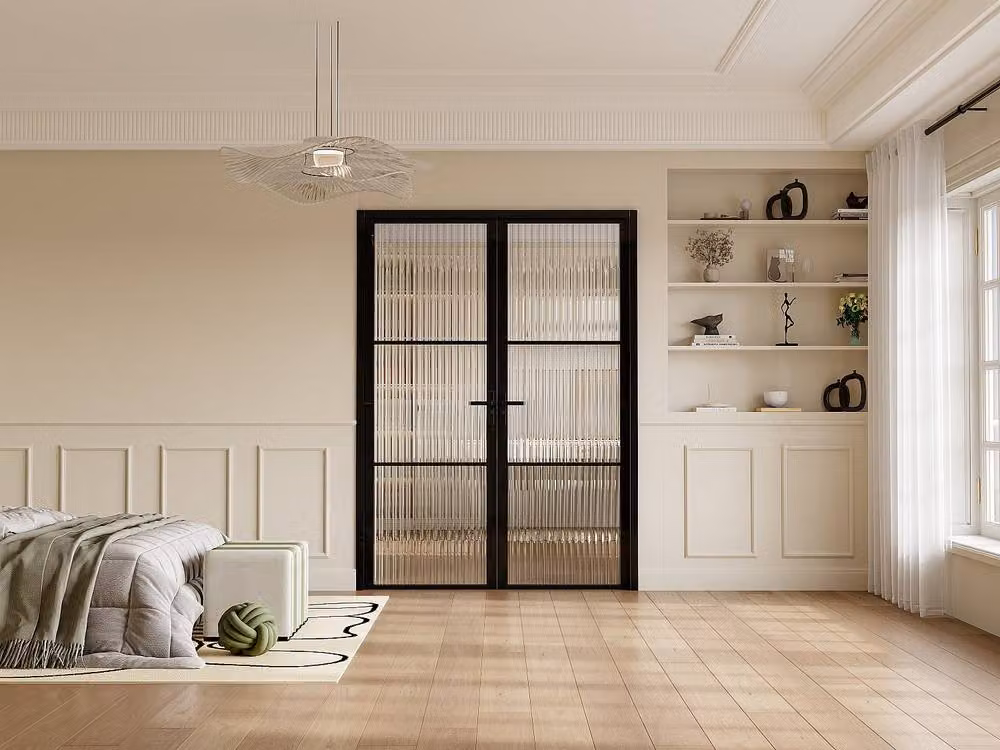 Vente-unique Reversible Double Swing Door Block in Black Aluminium and Textured Glass – 2