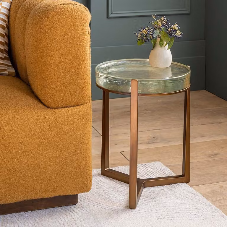 Atkin and Thyme Molten Round Glass Side Table in Clear and Gold