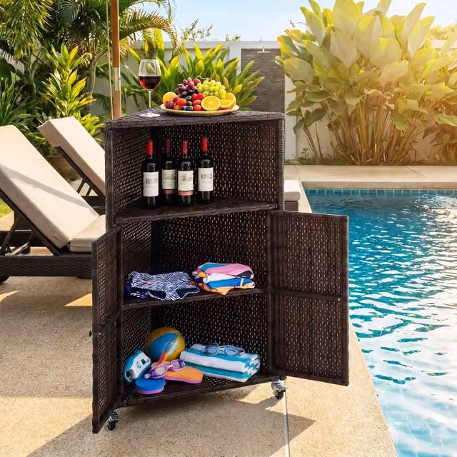 Costway Brown PE Rattan Corner Outdoor Storage Cabinet and Bar Cart with Shelves and Hinged Doors