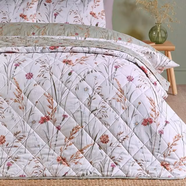Catherine Lansfield Grasmere Floral Reversible Cotton Bedspread, Green, Multicolour, W: 200 cm, D: 220 cm
