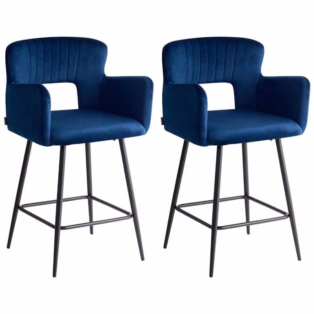 Wyld and Coco Noble Navy Blue Velvet Bar Chair Set of 2 with Armrests and Cut Out Backrest – 2