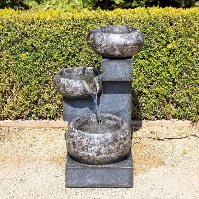 Primrose Tavira Tiered Cascading Stone Effect Bowls Water Feature with LEDs, Grey