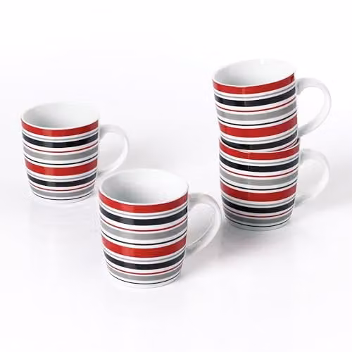 Waterside 4pc Burgundy Striped Porcelain Mug Set, 325 ml