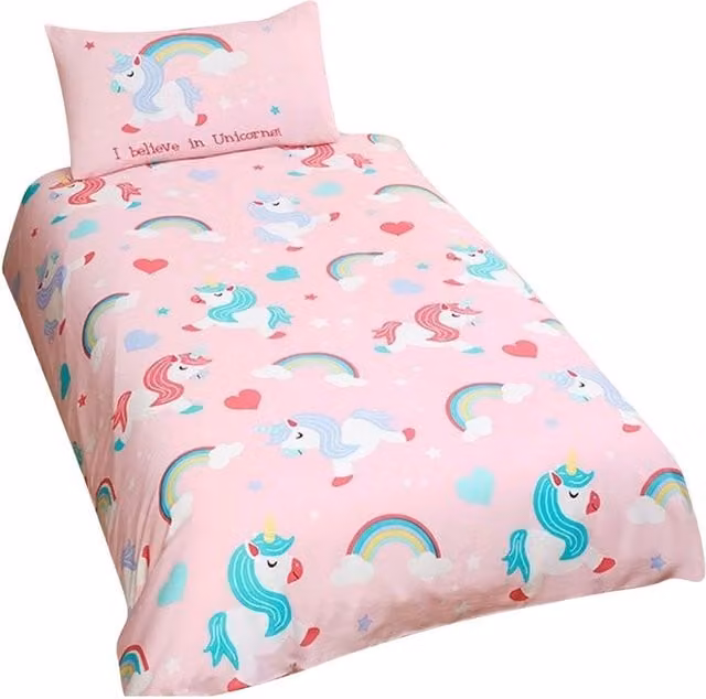Bedding & Beyond I Believe In Unicorns Duvet Cover and Pillowcase Set, Pink, W: 90 cm, H: 200 cm