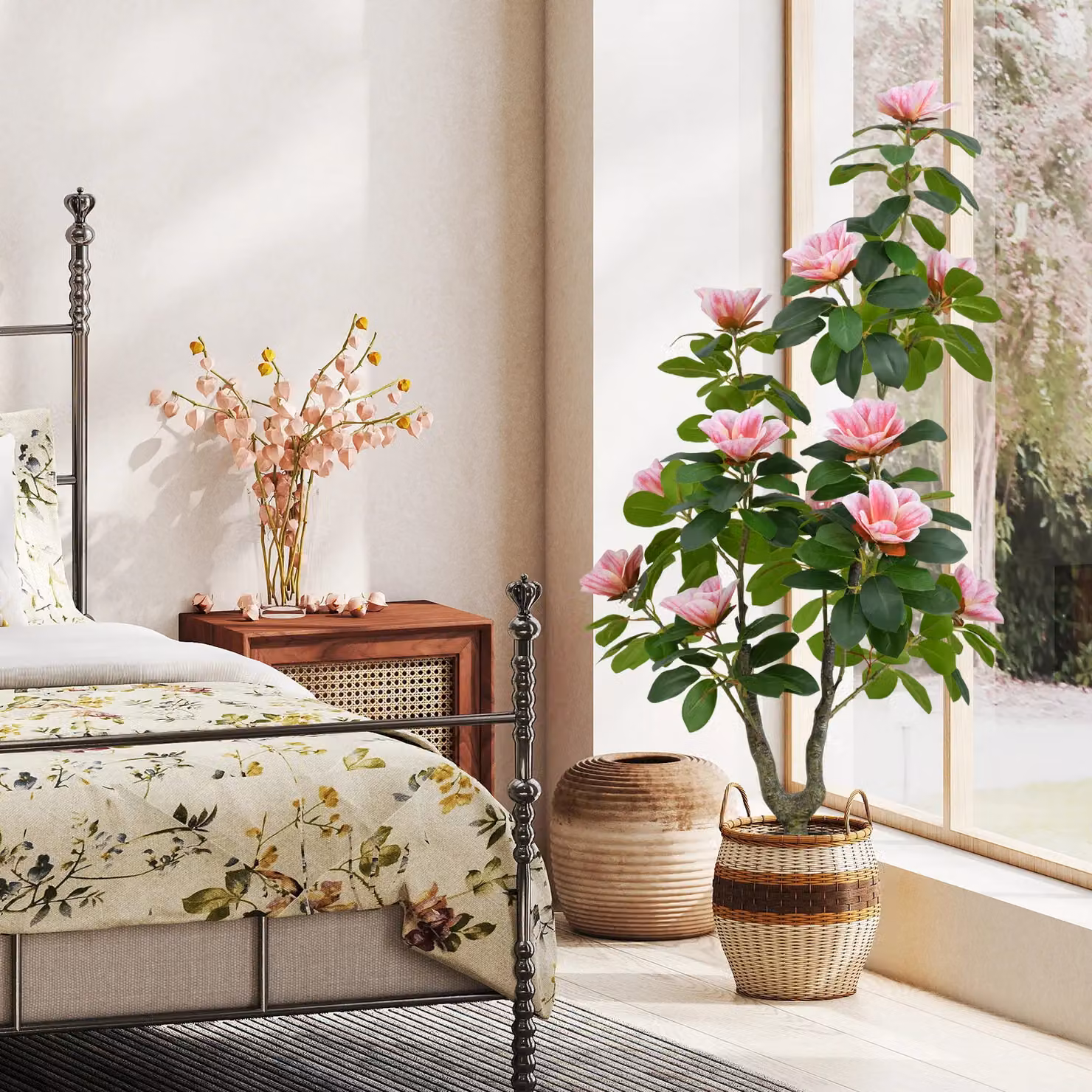 Costway Artificial Magnolia Tree in Green and Pink with Concrete Nursery Pot, Height: 100 cm – 8