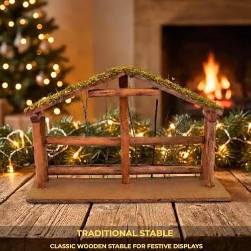 Shatchi Large Handmade Nativity Scene with Wooden Stable and 12-Piece Figurine Set in Brown and Multicolour – 7