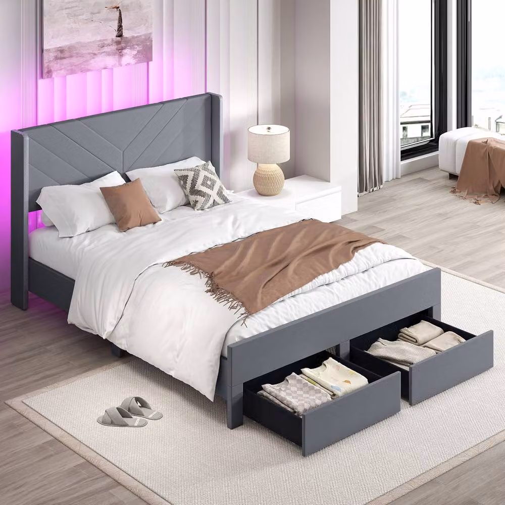 Costway King Size Upholstered Platform Bed Frame with LED Under-Bed Lighting and Drawers, Grey Velvet, 180 x 200 cm – 4