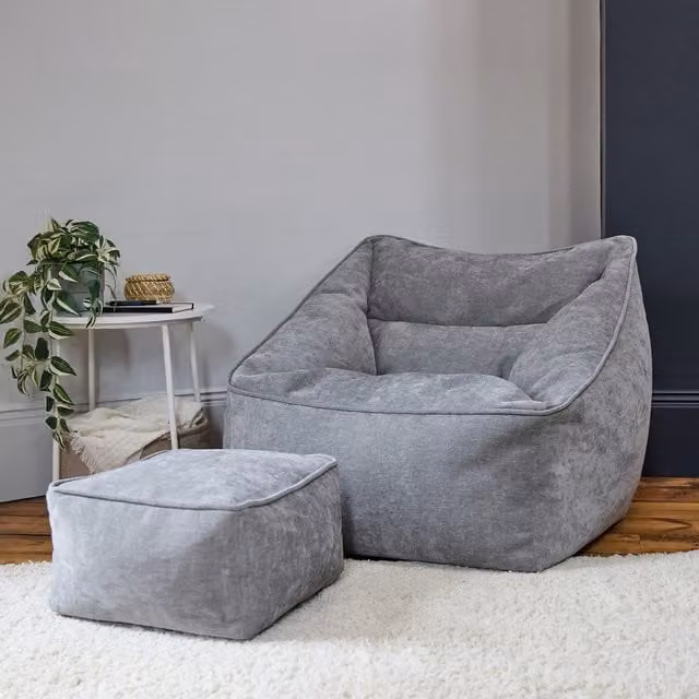 ICON Natalia Grey Chenille Armchair Bean Bag and Footstool Set