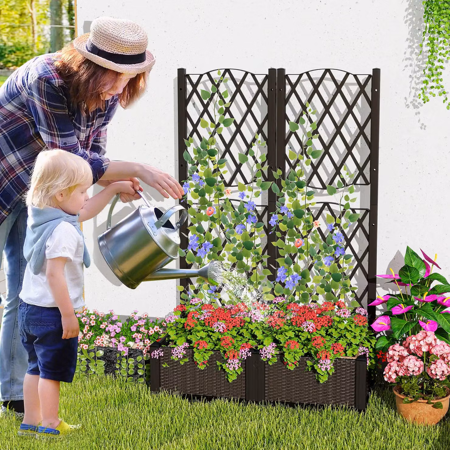 Costway Double Box Raised Garden Bed Planter with Trellis and Drainage Holes, Brown, W: 122 cm, D: 80 cm, H: 40 cm – 4
