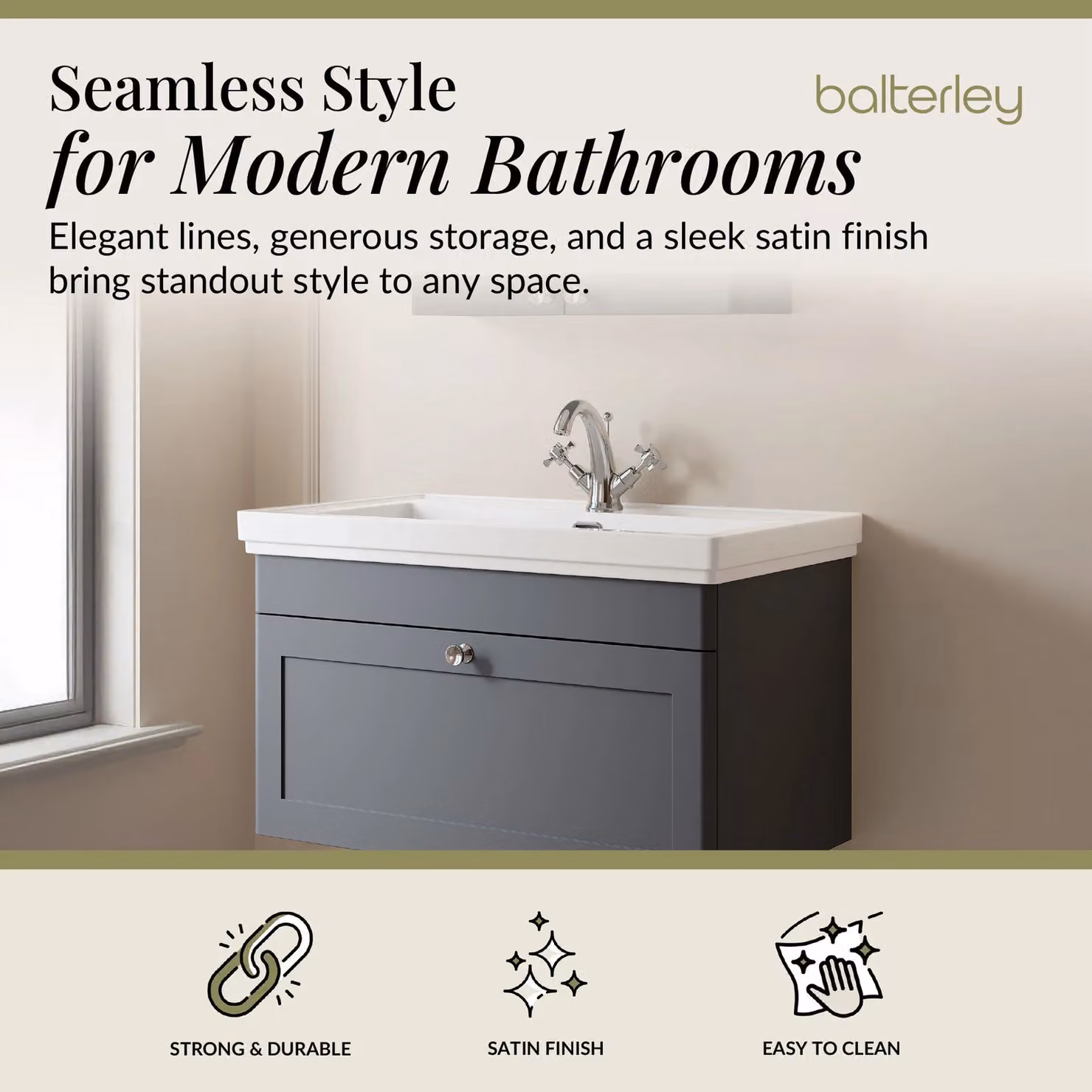 Balterley Wall Hung 1-Drawer Bathroom Vanity Unit and Fireclay Basin, Grey, Width: 80 cm – 2