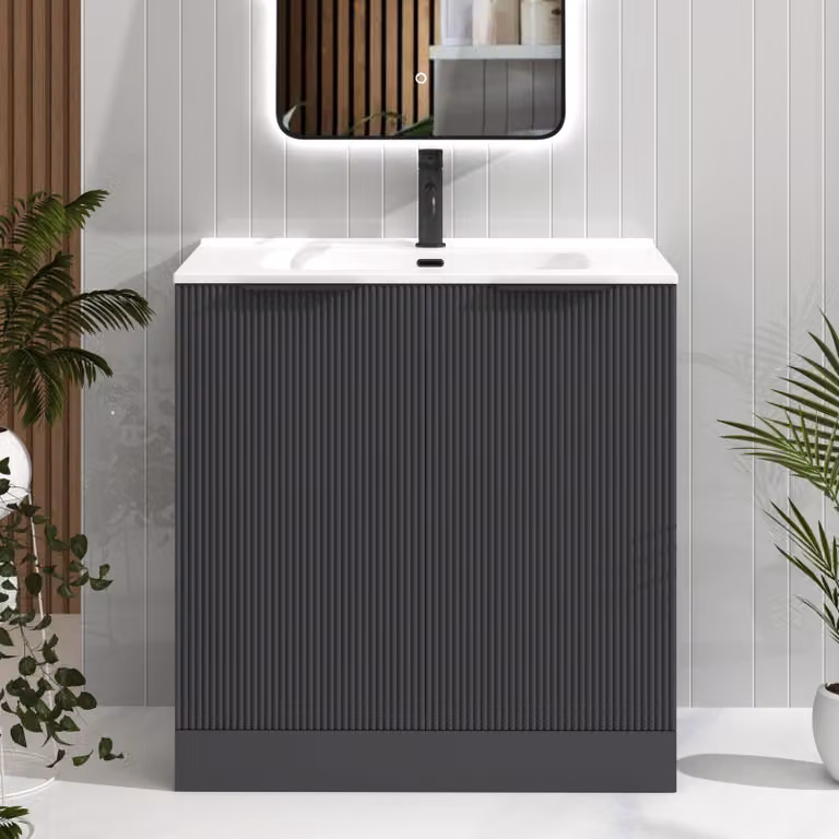 Royal Bathrooms Evora 800mm Graphite Grey Fluted Floor Standing 2 Door Vanity Unit with Ceramic Basin and Matt Black Handles