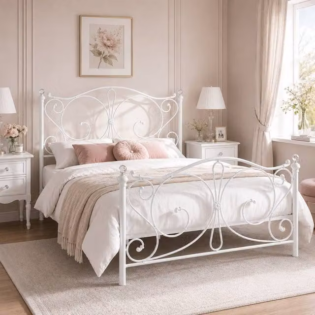 SquareBoxx Sofia Double Metal Scrollwork Crystal Finials Bed Frame in White – 1