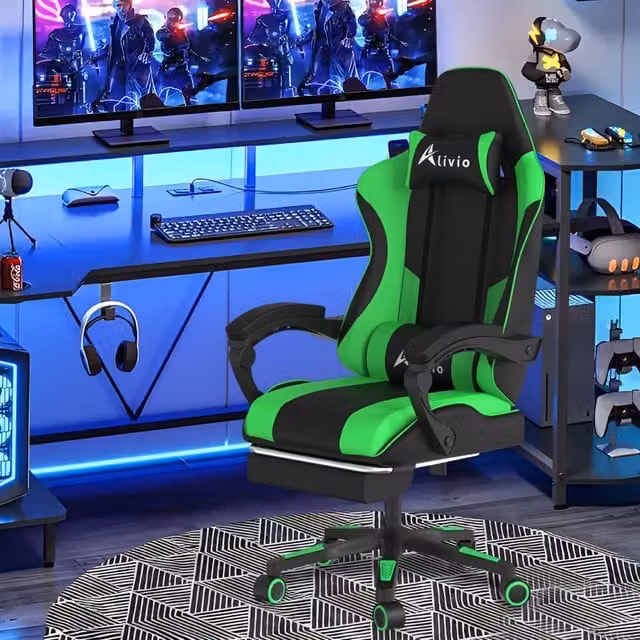 Alivio Ergonomic Green PU Leather Gaming Chair with Footrest, Headrest and Lumbar Support – 1