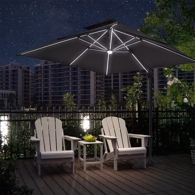 Breeins 3m Cantilever Parasol with Integrated Lights and Crossing Base in Light Grey