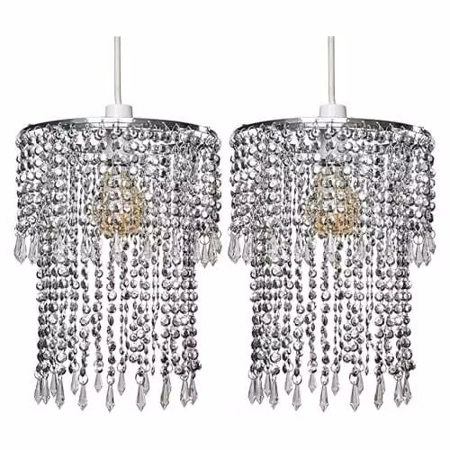 MiniSun Set of 2 Modern Chrome Jewel Bead Effect Pendant Ceiling Light Shades in Silver