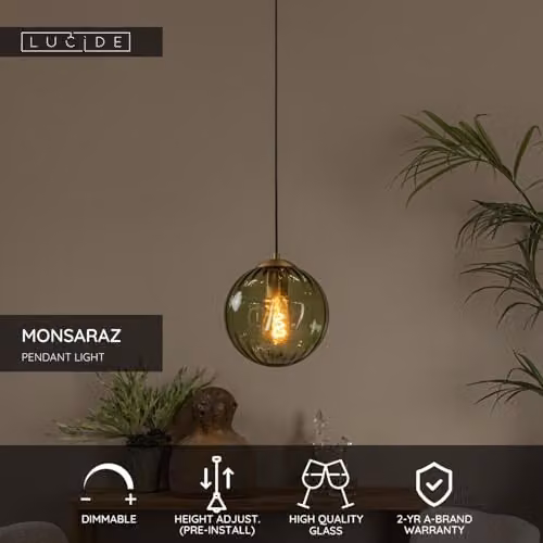 Lucide Monsaraz Dimmable Retro Glass Sphere Pendant Light, Green and Gold/Brass, Diameter: 25 cm – 2