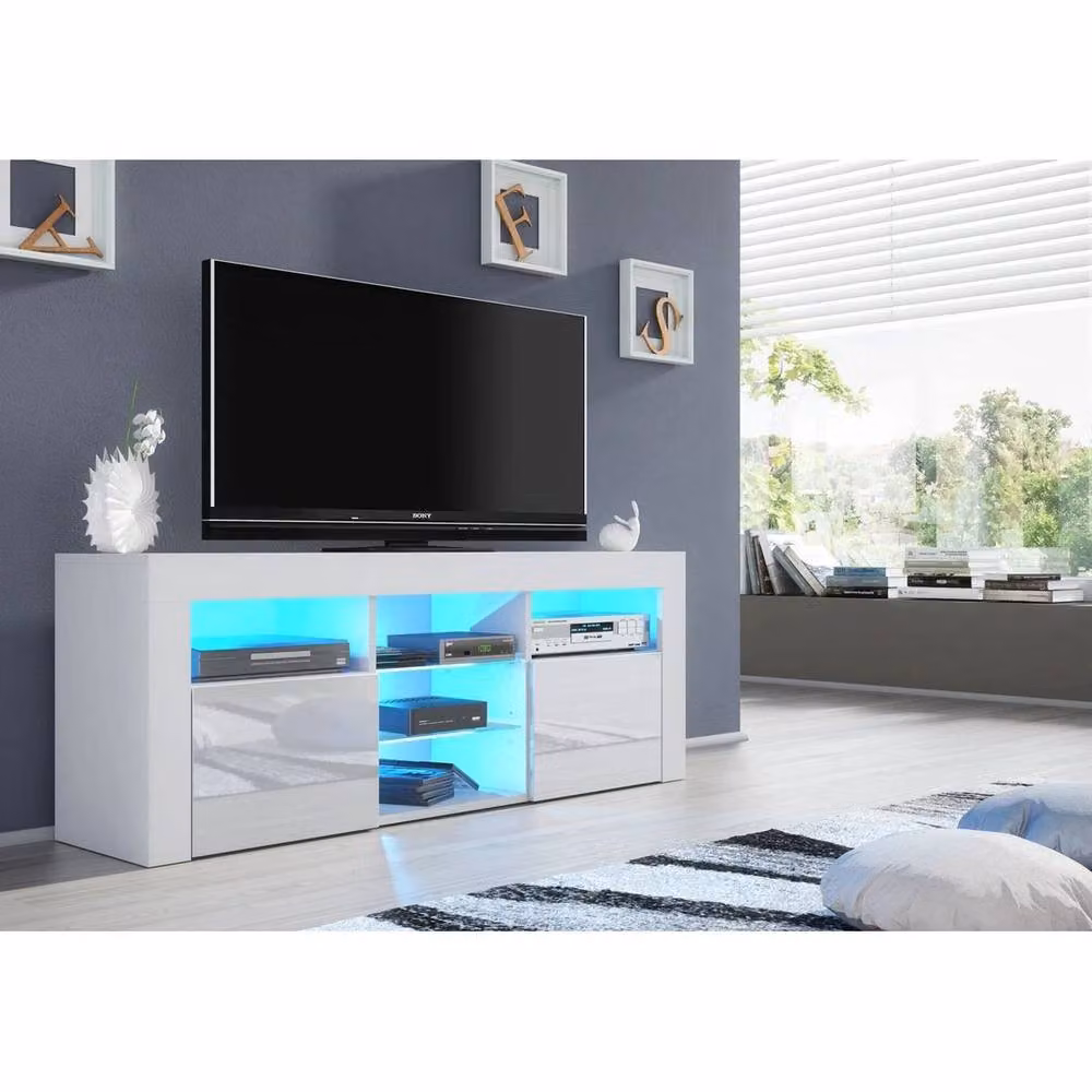 PAWNORA Modern TV Unit Cabinet in White Matt with White High Gloss Fronts – 3