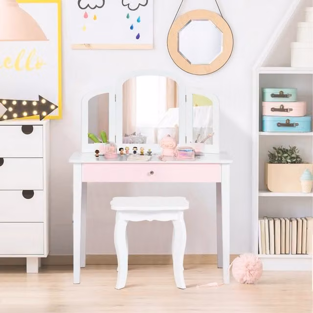 Costway Kids Dressing Table and Stool Set in White Wood