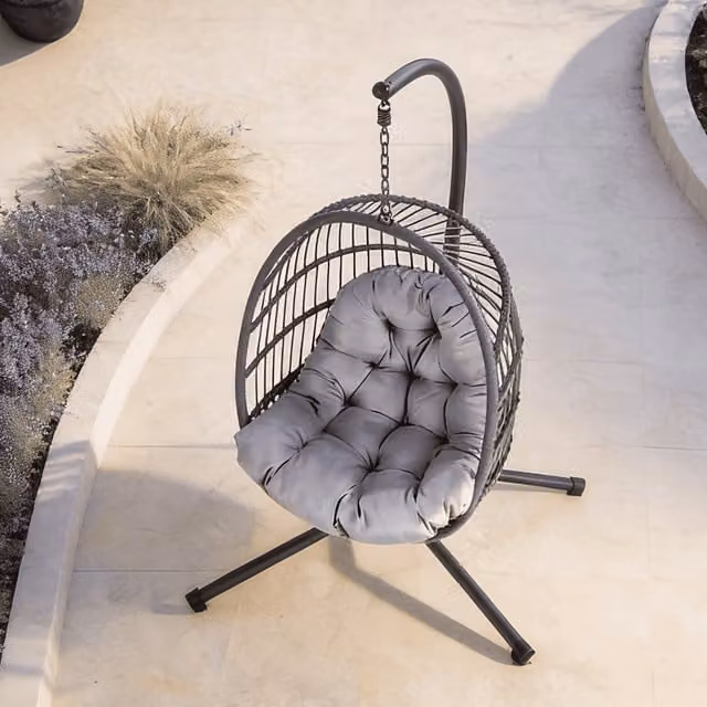 Home Source Breeze Hanging Rattan Egg Chair in Dark Grey with Metal Stand