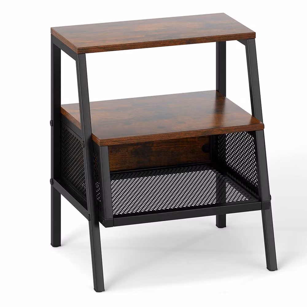 Costway Industrial 3-Tier Nightstand with 2 Open Shelves in Brown – 3