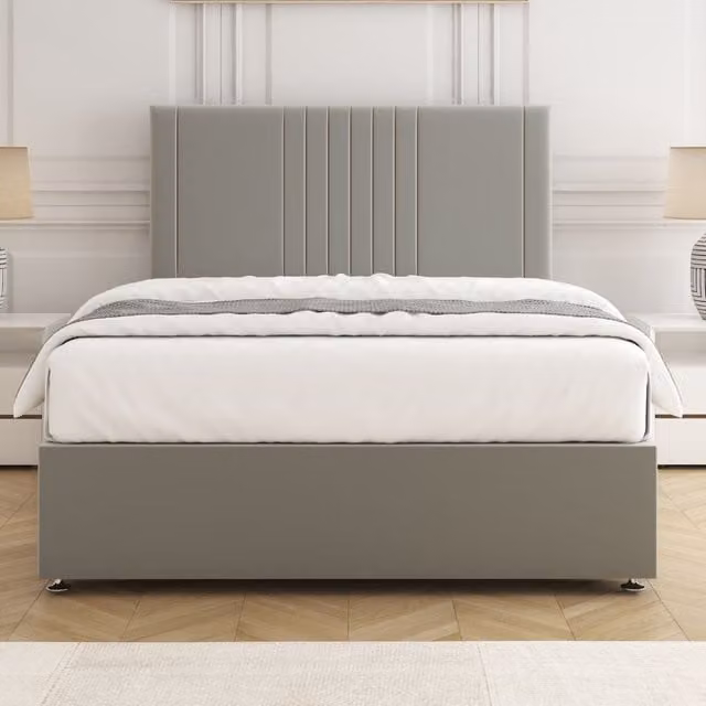 BSSPOKE Monaco Velvet Plush Divan Bed Set with 24 inch Headboard and Mattress in Silver, King Size W/D/H: 180 x 200 cm
