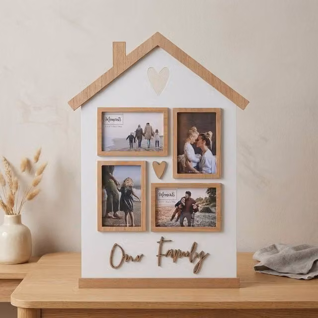 Garden Greatness House Shaped Collage Our Family Photo Frame, White and Multicolour Wood Wall Mounted Frame