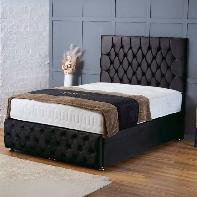 BSSPOKE Mulberry Ottoman Divan Bed in Black Plush Velvet with 54 inch Headboard, Double Size, W/D/H: 140 x 200 cm