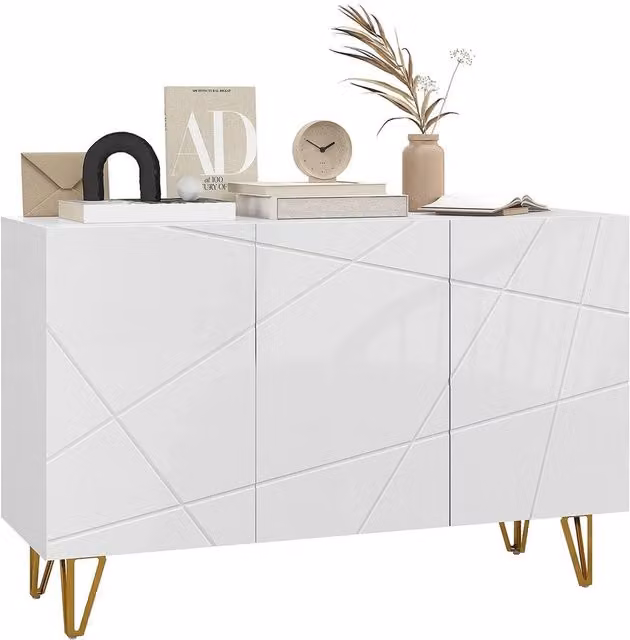 KORVIXA Modern Glossy White and Gold Freestanding Kitchen Storage Cabinet with Hinged Doors and Internal Shelves, W: 100 cm, D: 15 cm, H: 15 cm