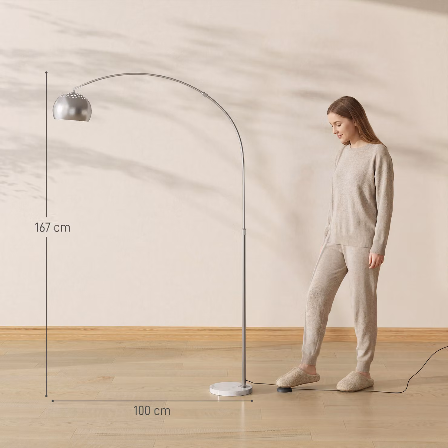 HOMCOM Modern Adjustable Arc Floor Lamp with Silver Tone Metal Finish and Black Faux Marble Base – 3