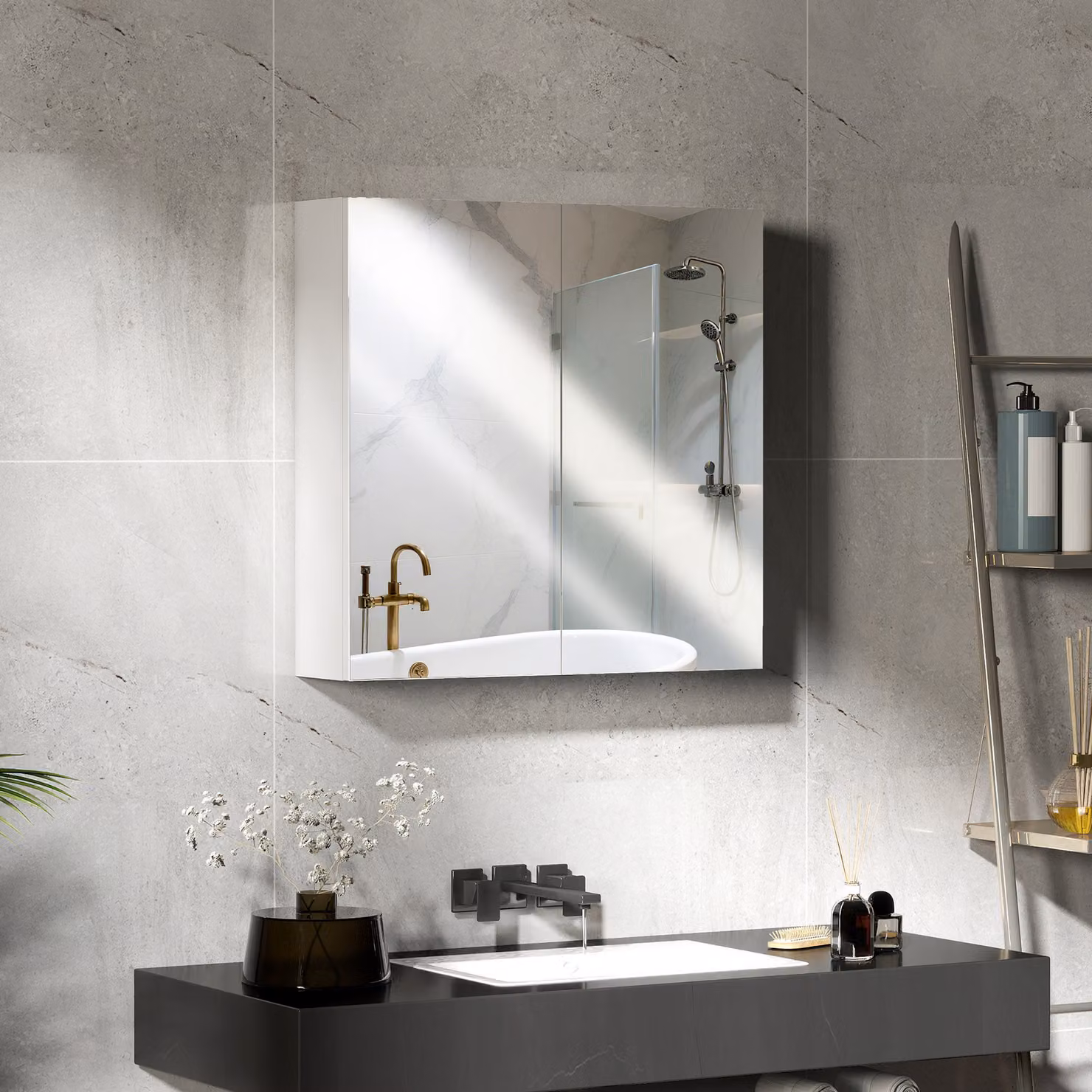 HOMCOM Modern White Double Door Wall Mounted Glass Mirror Cabinet Bathroom Storage Unit, W: 60 cm, D: 15 cm, H: 60 cm – 2