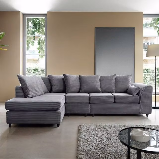 Abakus Direct Jumbo Cord Large L-Shape Corner Sofa in Grey with Scatter Cushions