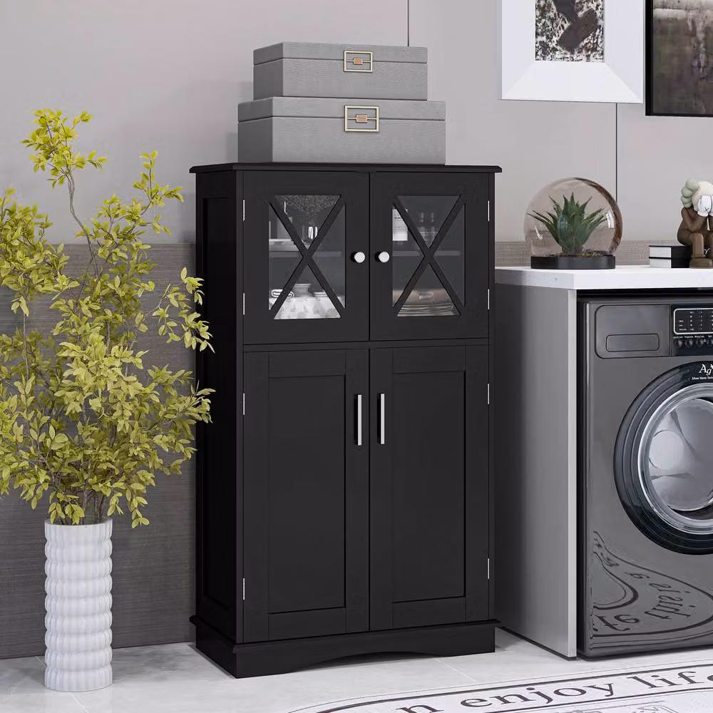 Costway Freestanding Black Bathroom Storage Cabinet with Glass Doors and Internal Shelves – 8