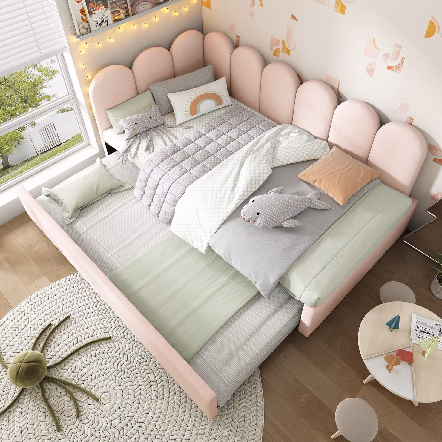 Aosom UK Pink Velvet Upholstered Single Daybed with Pull-Out Bed and Slatted Frame, W: 97 cm, D: 193 cm, H: 76 cm – 5