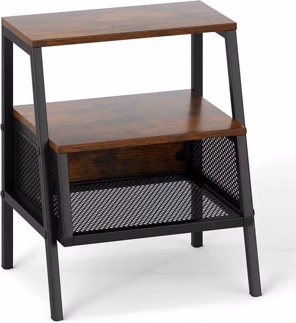 KORVIXA Industrial 3-Tier Nightstand with 2 Open Shelves, Brown