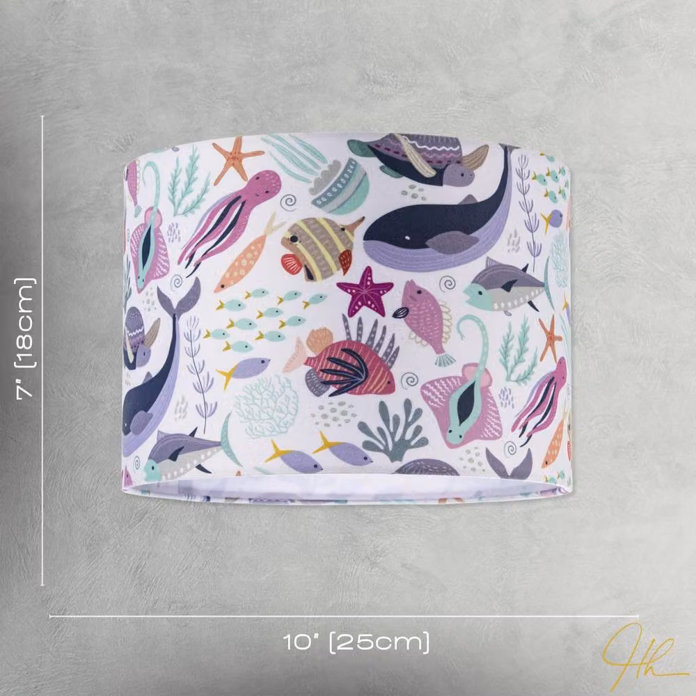 Happy Homewares Multicolour Underwater Fabric Cylinder Lampshade with Whales, Turtles, Tropical Fish and Octopuses, Diameter: 25 cm, Height: 18 cm – 3