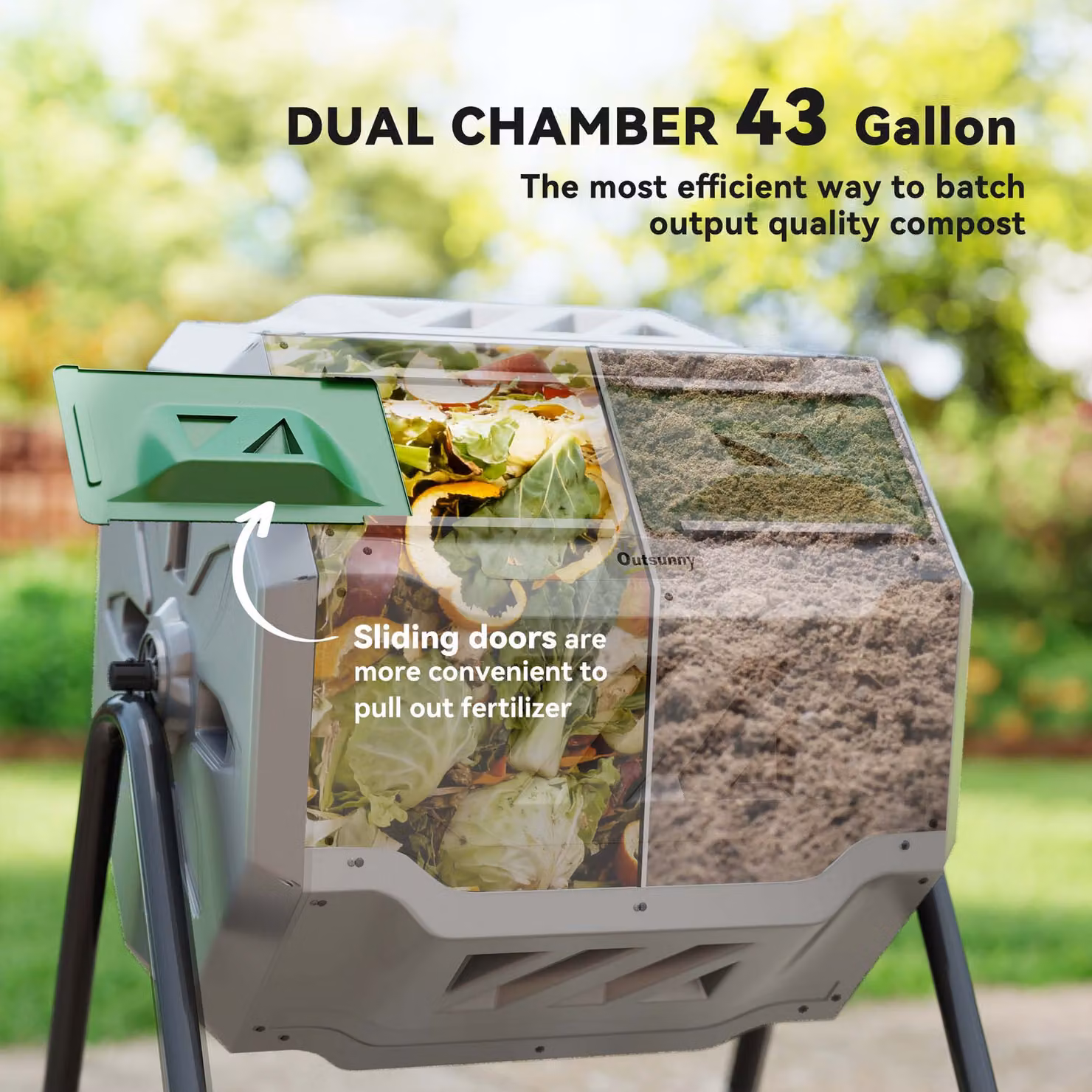 Outsunny 160L Dual Chamber Rotating Tumbling Compost Bin with Sliding Doors and Steel Frame, Grey – 3