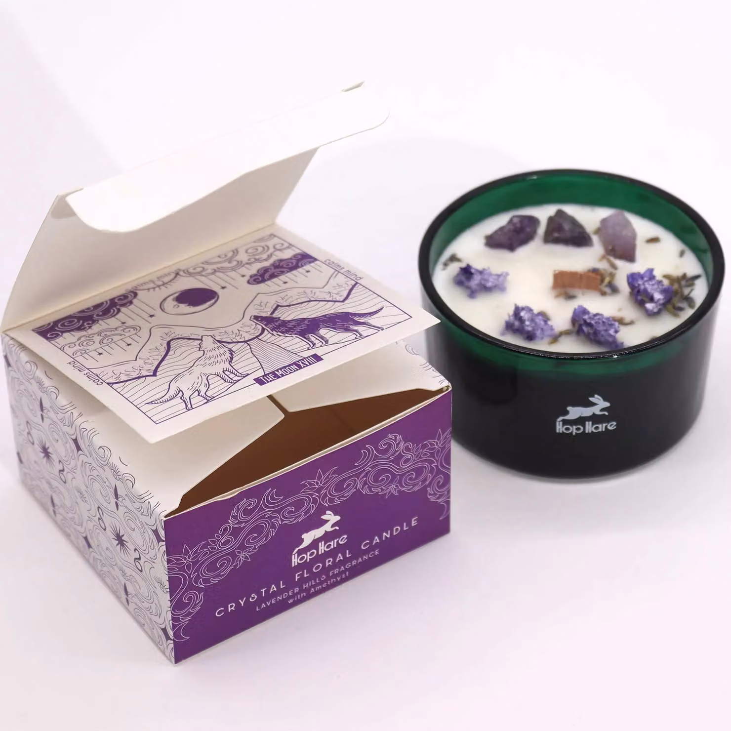 Ancient Wisdom Hop Hare The Moon Magic Candle with Flowers and Gems in Purple, Handmade Soy Wax, 9 x 5 cm – 4