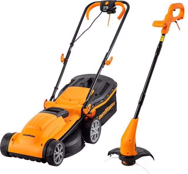LawnMaster 1400W Electric Lawnmower and Grass Trimmer Set with Collection Bag, Orange