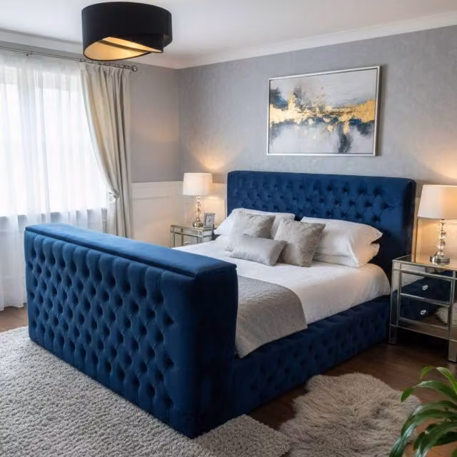 Stratus Interiors Ambassador Blue Velvet Super King TV Bed with Built-In Lift and Chesterfield Design