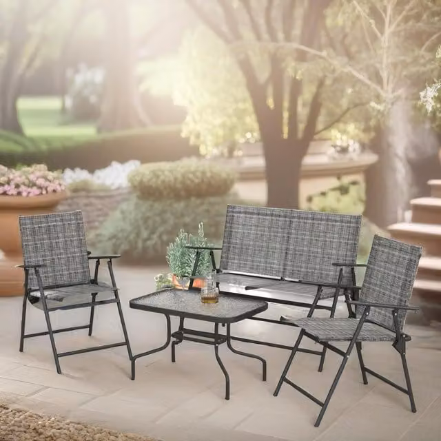 FURNOS Grey Modern Foldable Mesh Garden Bistro Furniture Set with Glass Top – 1
