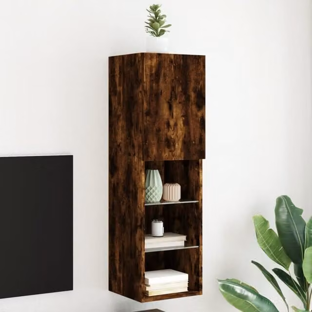 Berkfield Home Modern Wall Mounted TV Cabinet with Integrated LED Lights and Glass Doors in Smoked Oak Brown, W/D/H: 30.5 x 30.0 x 102.0 cm – 1