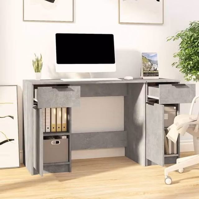 Berkfield Home Elegant Modern Desk with Side Cabinet in Concrete Grey Engineered Wood – 1