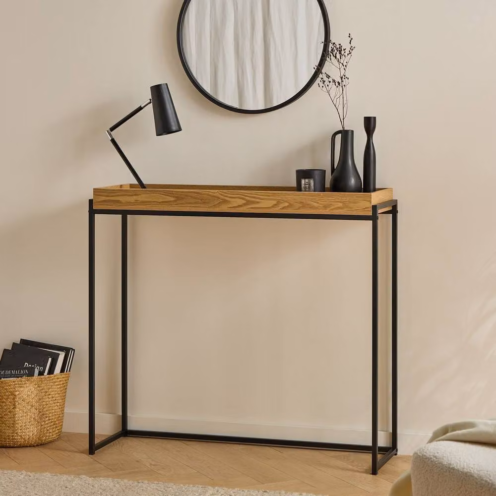 CALICOSY Industrial Console Table with Black Metal Legs and Wood Top in Light Brown, W: 100 cm, D: 30 cm, H: 90 cm – 2