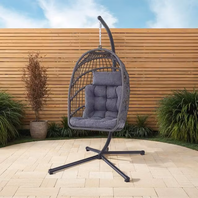 More4Homes Tahiti Hanging Rattan Egg Chair in Grey and Black, H 190 x W 110 x D 102 cm