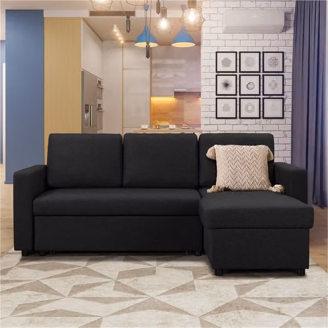 Yaheetech Reversible L-Shaped Fabric Sofa Bed with Pull Out Storage in Black