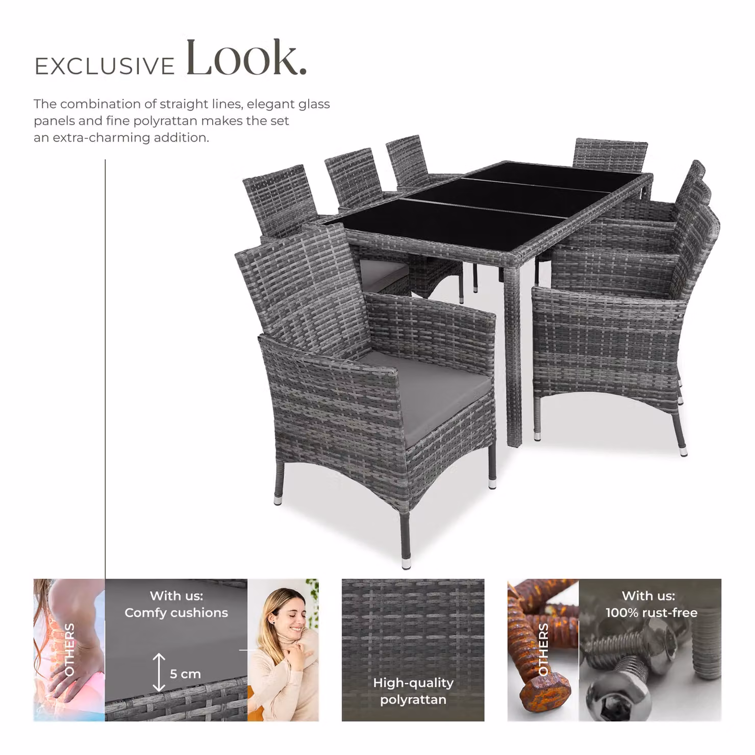 tectake Almansa Modern Grey Rattan Garden Furniture Set for 9 Adults – 3